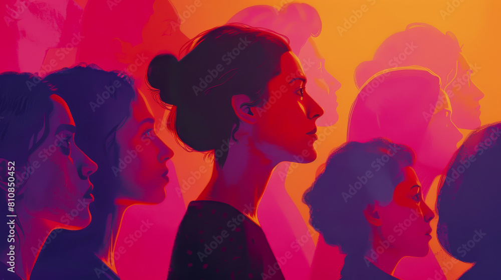 A group of women are shown in a painting, with one woman looking at the viewer A group of women are shown in a painting, with one woman looking at the viewer