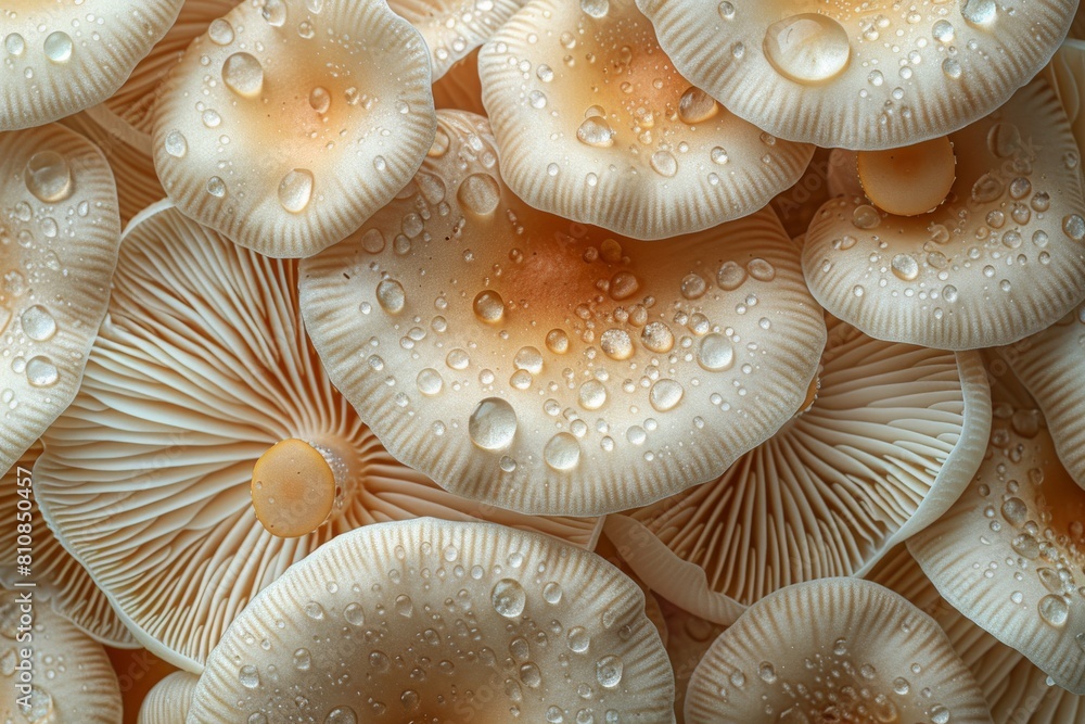 The macro image captures the beauty of water droplets adorning the caps and gills of mushrooms, highlighting their natural patterns