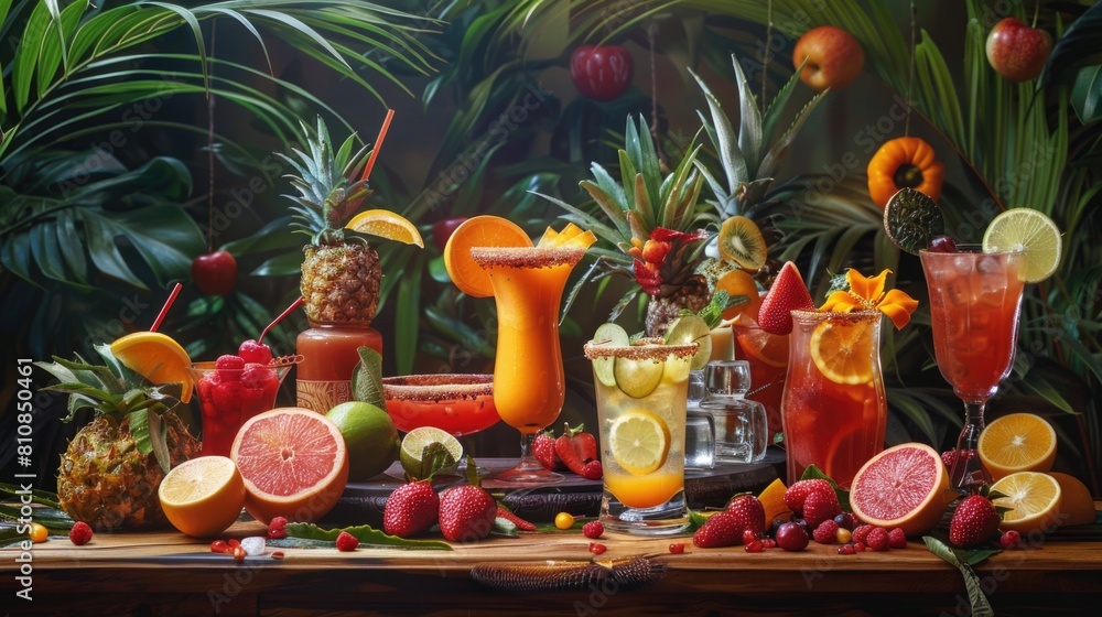Assorted drinks on a table, suitable for beverage concepts Assorted drinks on a table, suitable for beverage concepts