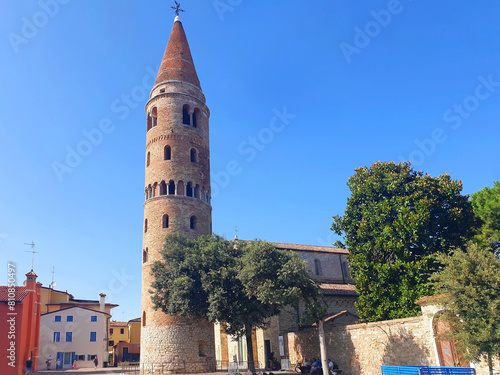 Bell tower of the Cathedral of Caorle in the city center.