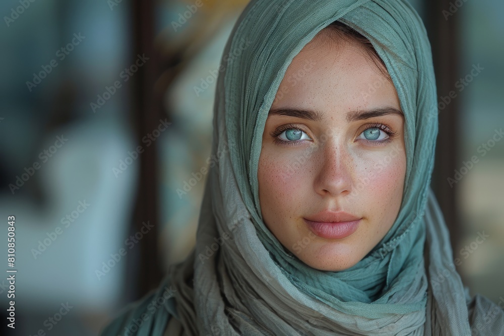 A close-up image of a woman with blue eyes wearing a hijab, with a soft, focused expression and subtle background A close-up image of a woman with blue eyes wearing a hijab, with a soft, focused expression and subtle background