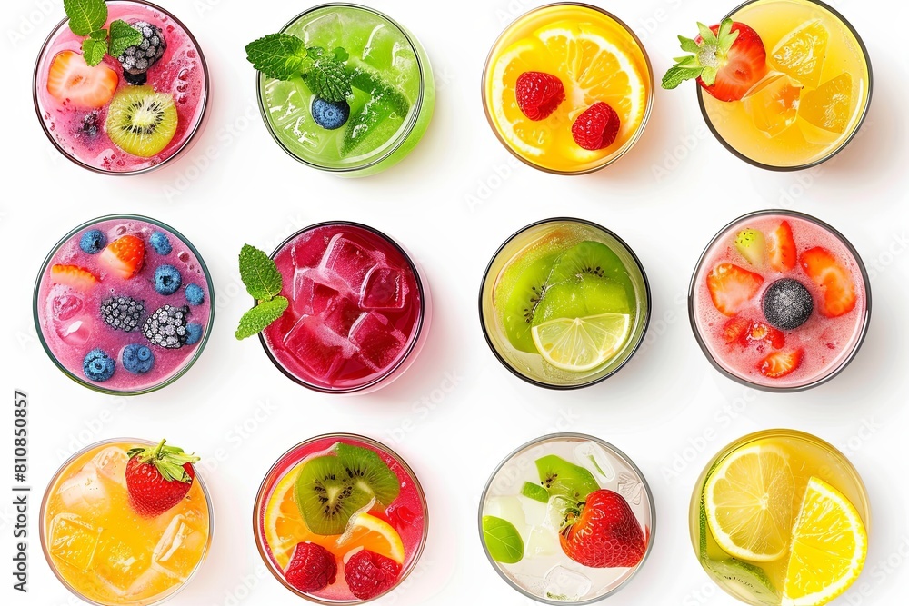 Set of various fresh fruit cocktails, smoothies. isolated on white background. View from above. Set of various fresh fruit cocktails, smoothies. isolated on white background. View from above.