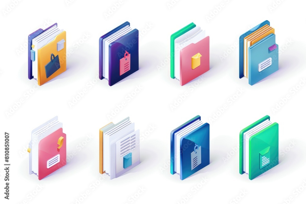 Various colored books arranged on a clean white surface. Ideal for educational or literary concepts Various colored books arranged on a clean white surface. Ideal for educational or literary concepts