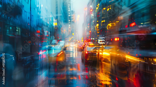 dynamic light patterns on city streets create a mesmerizing ambiance  with a tall building and a blurry car in the foreground