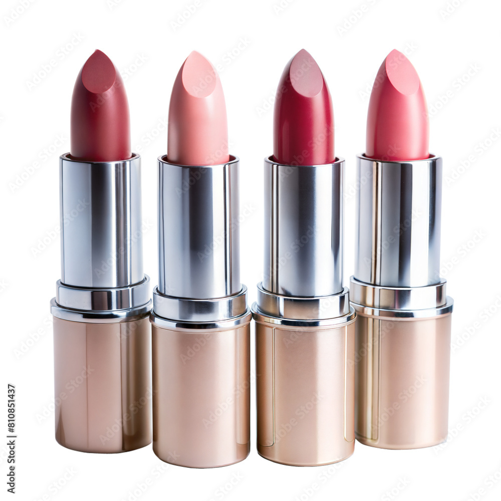Four lipsticks showcasing various shades of red and nude on a white background Four lipsticks showcasing various shades of red and nude on a white background