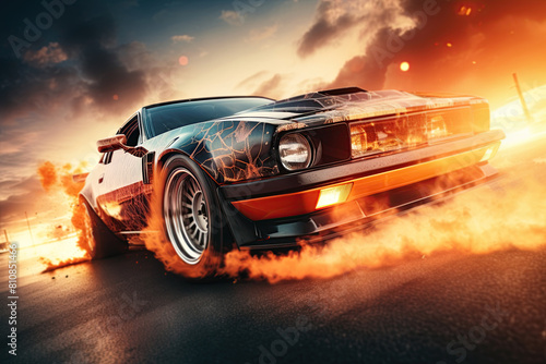 Muscle car drifting and burning wheels in flames and smoke. Ai Generative photo