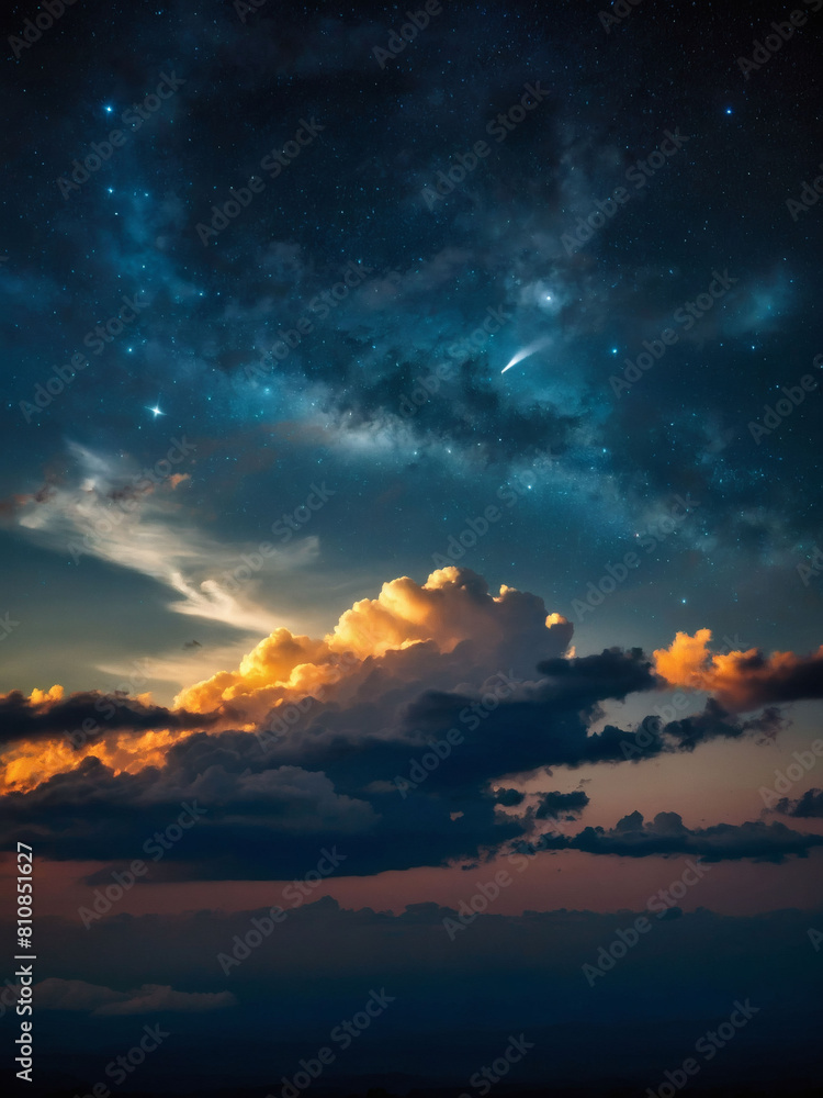 Celestial Cloudscape, Wispy clouds and stars in the night sky.