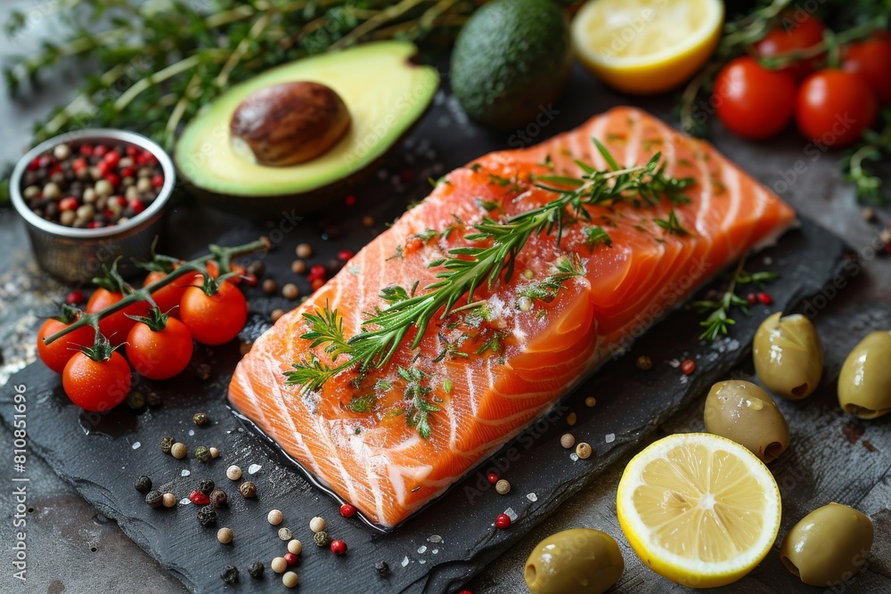 A close-up view of raw salmon fillet with lemon, olives, and fresh herbs around A close-up view of raw salmon fillet with lemon, olives, and fresh herbs around