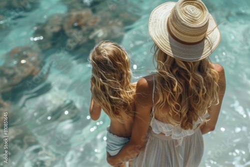Two individuals from behind standing in crystal clear shallow waters, likely a mother and child