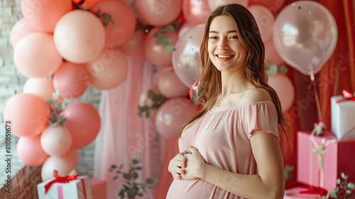 Beautiful pregnant woman holding her tummy and smiling during baby shower with balloons decor in background 