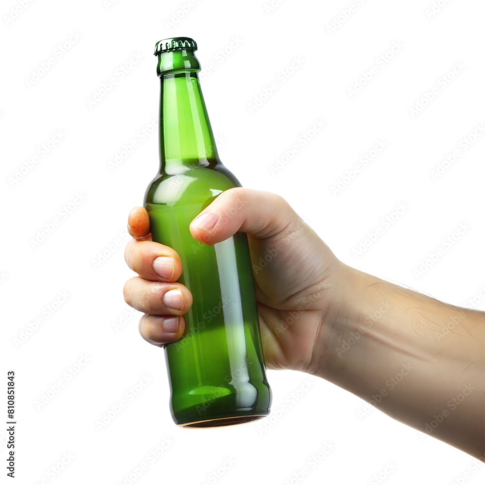 A persons hand grips a sealed beer bottle A persons hand grips a sealed beer bottle