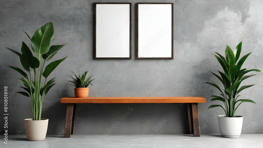 interior with blank white mock up poster on concrete wall decorative plants wooden bench interior with blank white mock up poster on concrete wall decorative plants wooden bench
