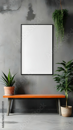 interior with blank white mock up poster on concrete wall decorative plants wooden bench