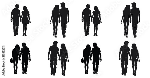 Silhouettes of young couple walking together holding hands, Beautiful romantic couple holding hands, Couple silhouettes, Couple holding hands, A couple of young people silhouettes