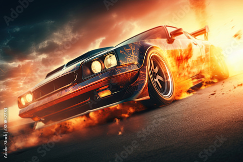 Muscle car drifting and burning wheels in flames and smoke. Ai Generative