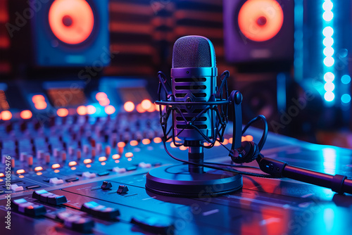 A Professional microphone on an audio desk, neon lights, dark blue and purple color theme, podcast studio background