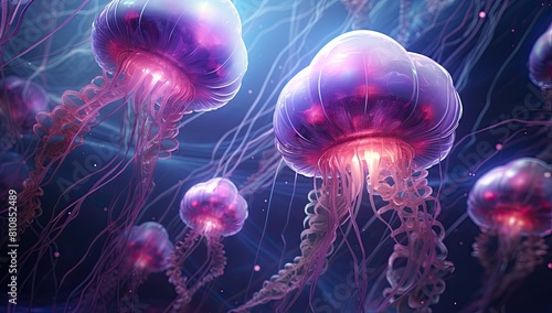 A group of jellyfish are floating in the ocean. The jellyfish are purple and pink in color