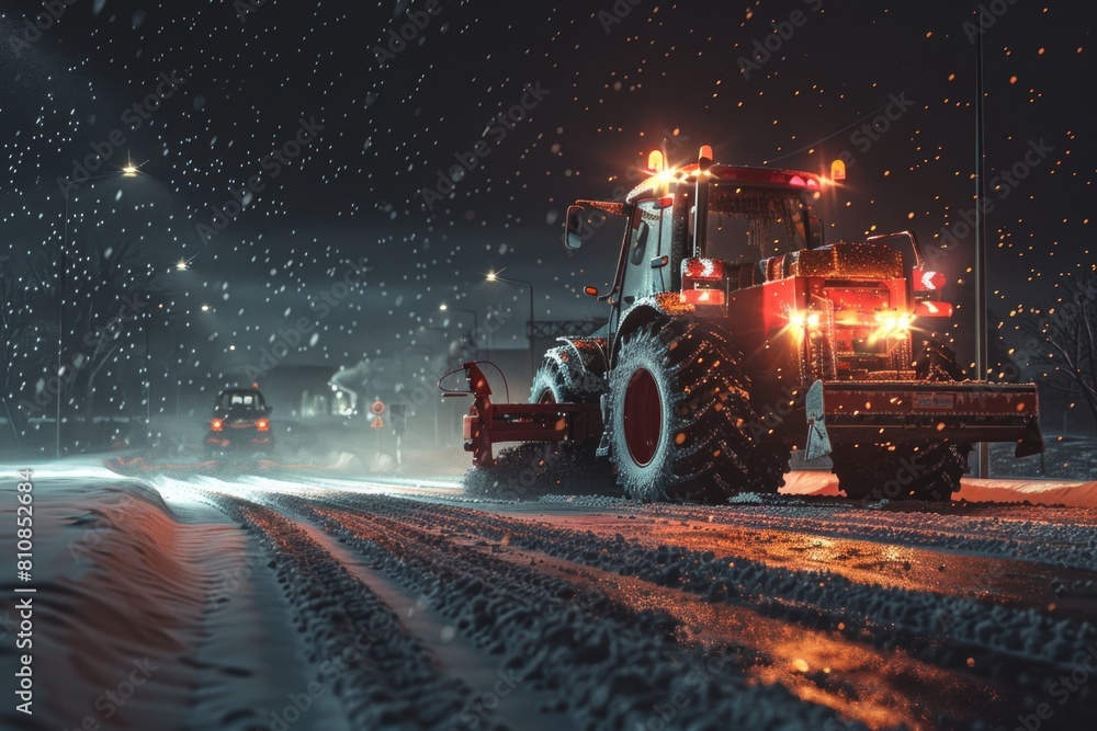 A tractor driving down a snow covered road. Ideal for winter transportation concepts A tractor driving down a snow covered road. Ideal for winter transportation concepts