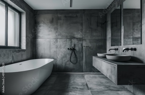 A minimalist bathroom with grey walls  a white bathtub and concrete floor. The wall is made of dark gray tiles