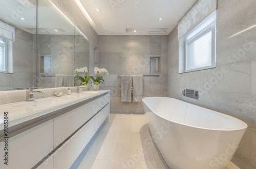 A minimalist bathroom with grey walls  white floors and a freestanding bathtub  featuring two wall vanity tables above the tub on one side