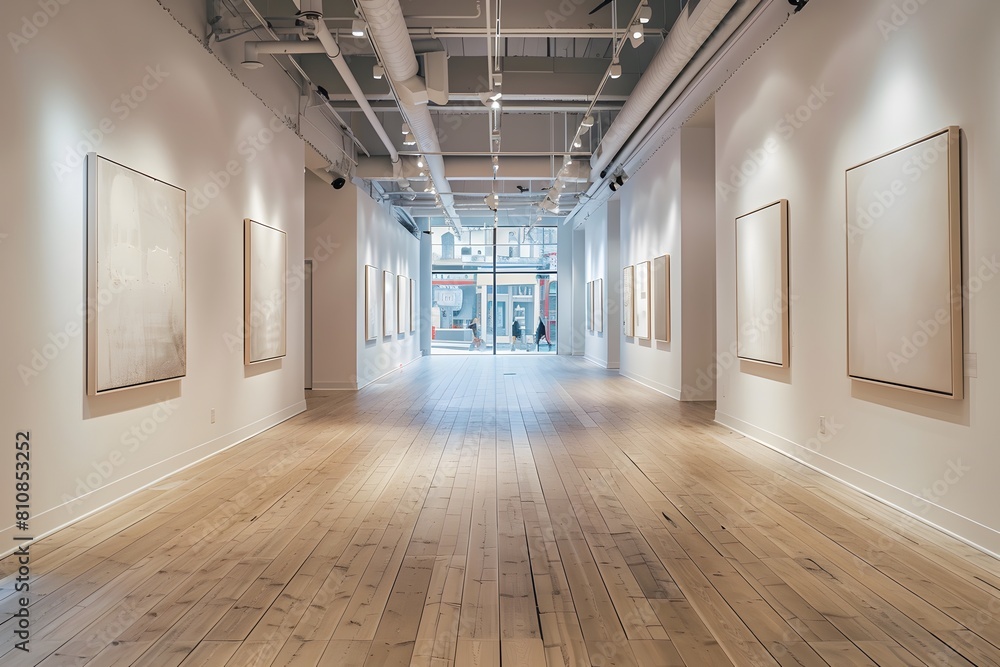A long hallway adorned with artwork on wooden walls A long hallway adorned with artwork on wooden walls
