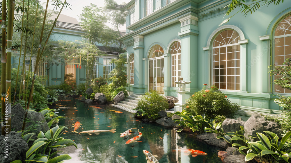 A soft jade classic American house with a koi pond and a bamboo garden, creating a Zen atmosphere.