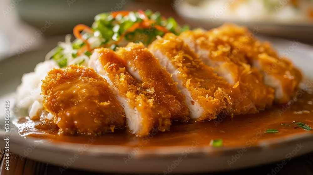 Crispy katsu on top of rice with Japanese curry and parsley garnish Crispy katsu on top of rice with Japanese curry and parsley garnish
