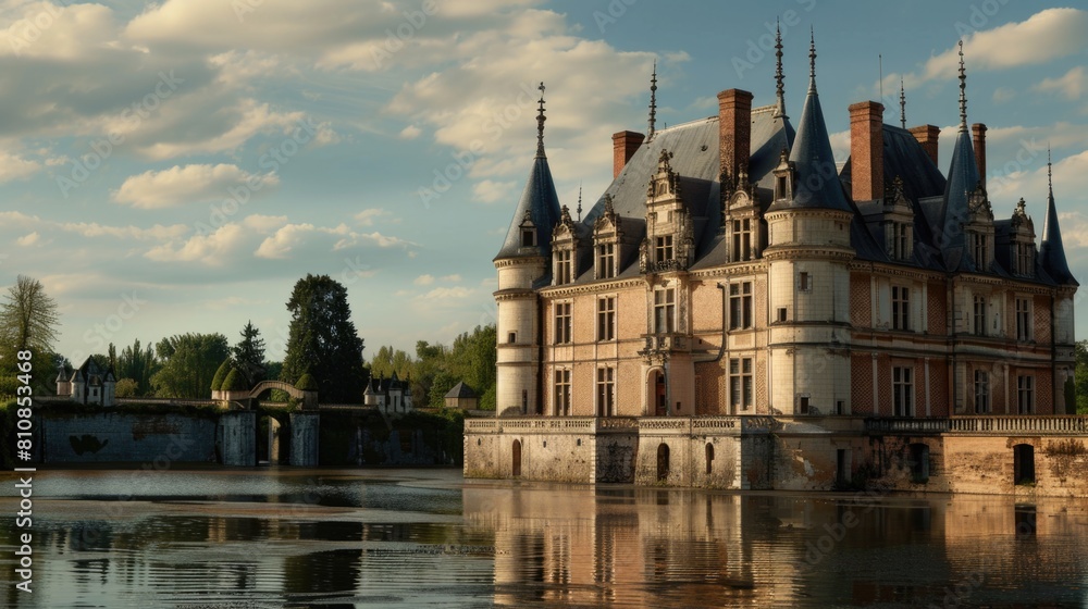 A large castle sitting on top of a lake. Ideal for travel websites