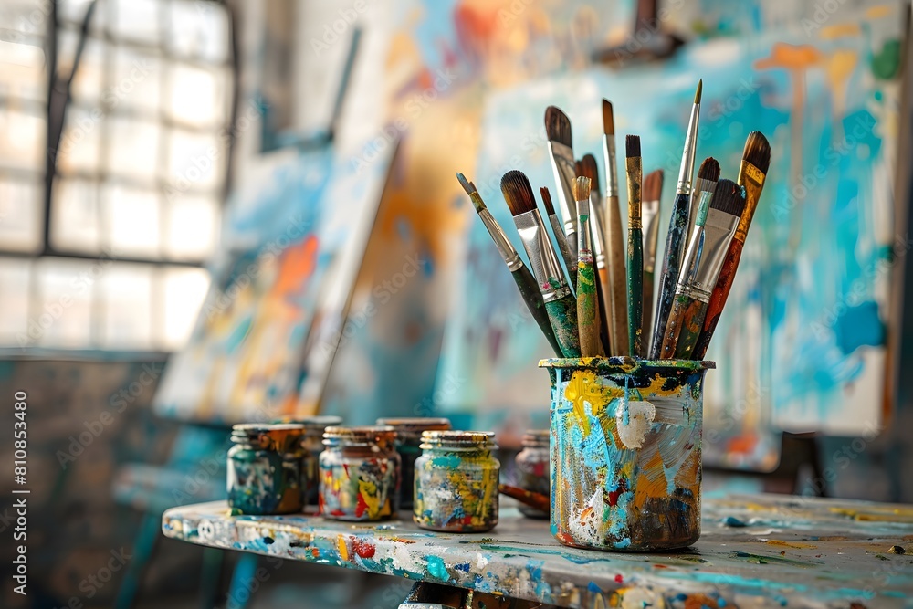 Many paint brushes in a cup on a table Many paint brushes in a cup on a table