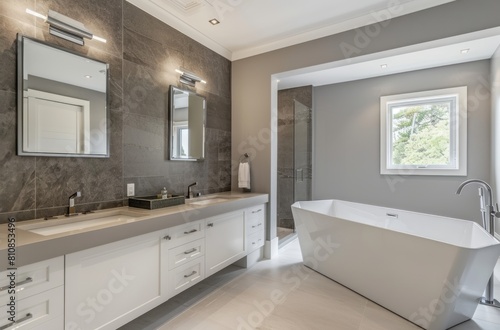 A minimalist bathroom with grey walls  white floors and a freestanding bathtub  featuring two wall vanity tables above the tub on one side