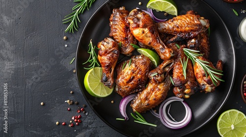 Savory chicken wings with tangy herbs and caramelized onions, served on a sleek black dish against a dark backdrop.
