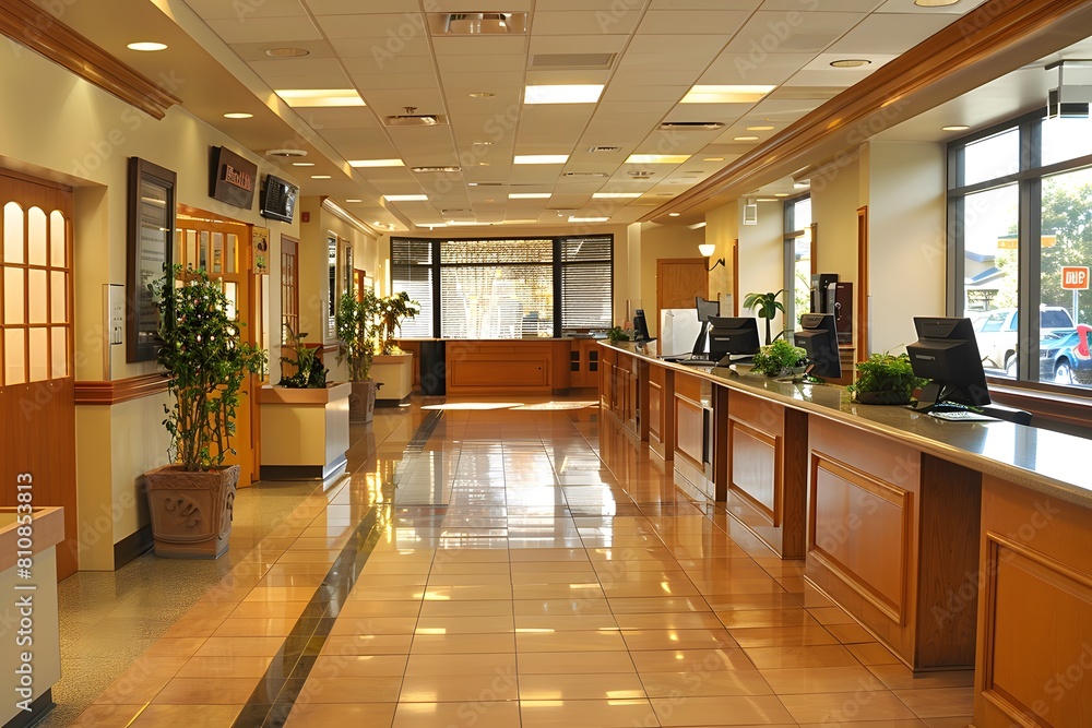 A large lobby with a long counter and a plant A large lobby with a long counter and a plant