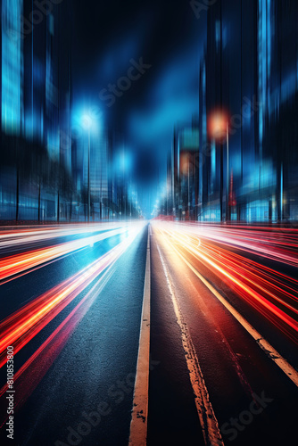 Light trails on the road in the city at night. Long exposure with blurred background. Ai Generative