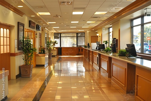 A large lobby with a long counter and a plant