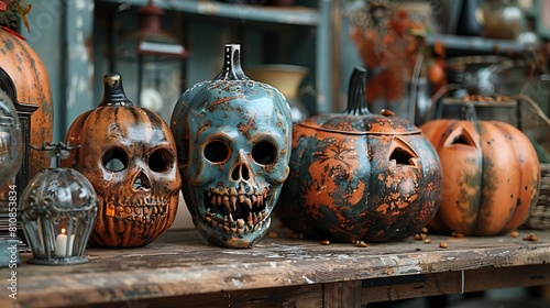 Visualize a curated collection of early 20th-century Halloween items on a distressed wood table, including classic paper mâché masks and hand-blown glass pumpkins.