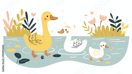 Adorable duck and goose in nature. Cute birds animals