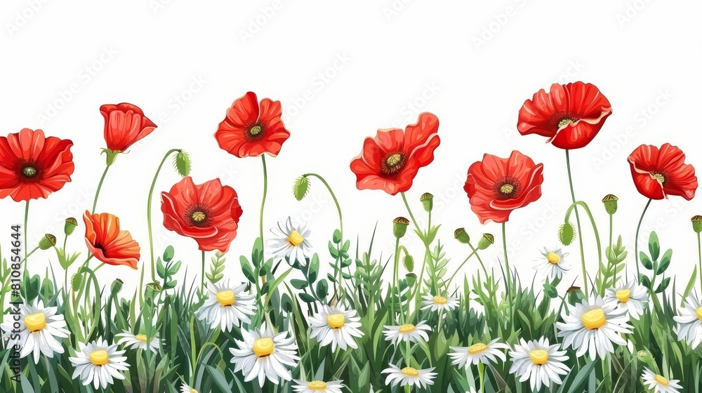 A white background with red poppies and chamomile flowers