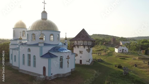 Aerial sunset 4k footage  of Busha state Historical and Cultural Reserve, located on Podillya, Vinnytsa region, Ukraine. photo