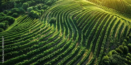 Aerial view of a beautiful green vineyard in Northern