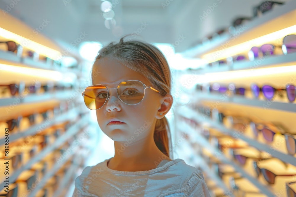 Young girl with glasses shopping in a store. Suitable for retail concepts