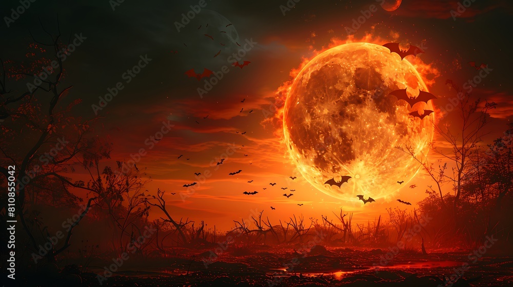 Visualize a suspenseful Halloween night with a bright full moon encircled by flying bats. Visualize a suspenseful Halloween night with a bright full moon encircled by flying bats.