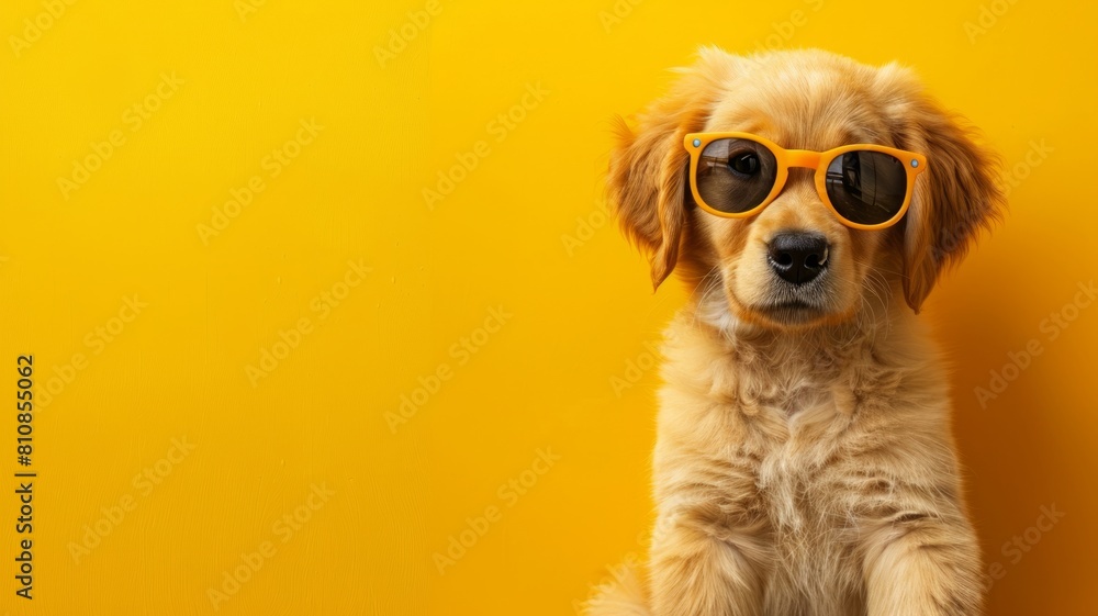 An adorable golden retriever puppy, wearing cute sunglasses, sits on the right side of a sunny yellow background, leaving space on the left for text, perfect for pet care advertisements. 