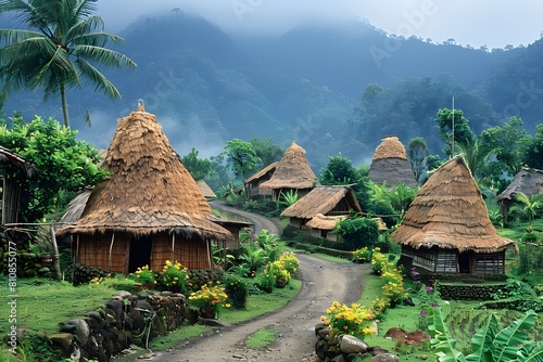 Huts in a village with a dirt road photo