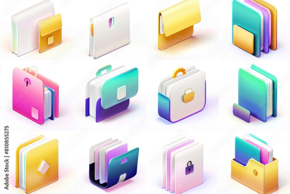 Various colored folders arranged neatly on a white surface. Ideal for office, organization, or business concepts Various colored folders arranged neatly on a white surface. Ideal for office, organization, or business concepts