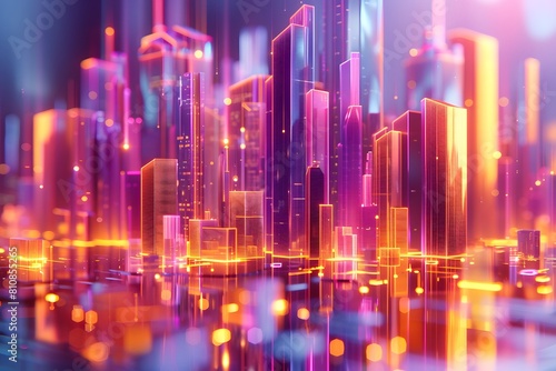 Cityscape of tall buildings and bright lights