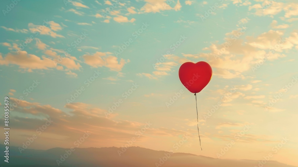 Fototapeta premium A red hot air balloon is floating in the sky above a field of grass