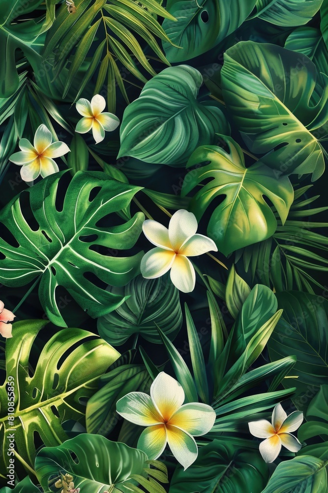 Fototapeta premium Colorful tropical plants with white and yellow flowers. Great for nature backgrounds