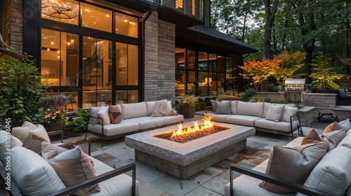 An alfresco space with cozy chairs surrounding a propane hearth. photo