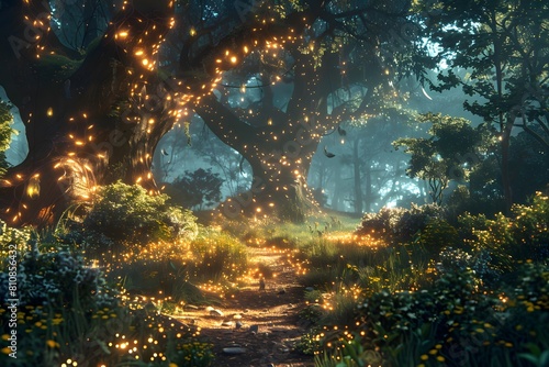 A forest path illuminated brightly with lights
