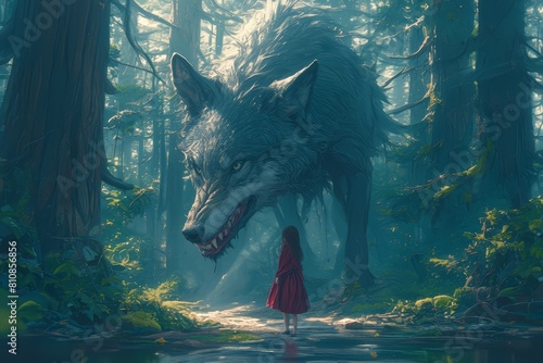 A little girl in a red dress facing a giant wolf  with a forest background. Girl faces off against an enormous grey Wolf  a huge grey werewolf with long legs standing tall next to her.